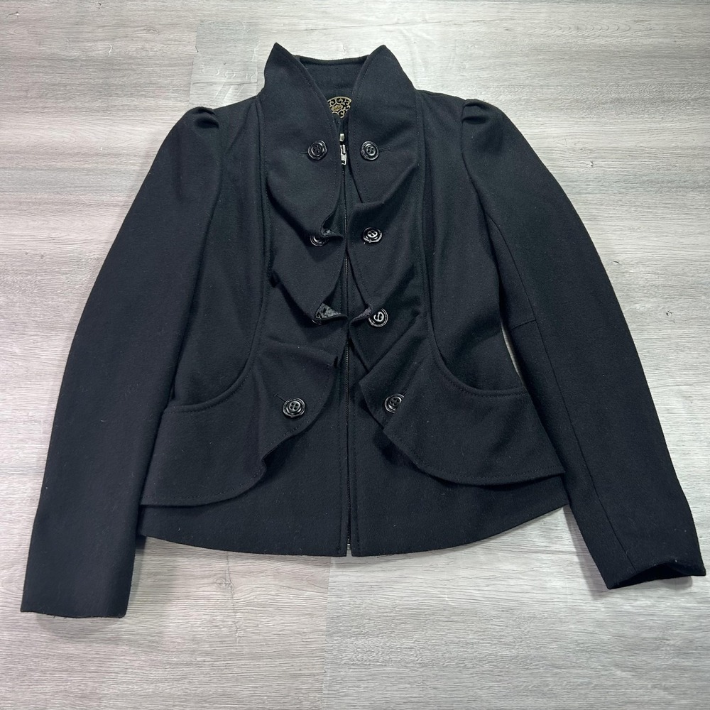 Idra Jacket‎ Womens Small Black Wool Ruffle Front Peplum Lined Anthropologie